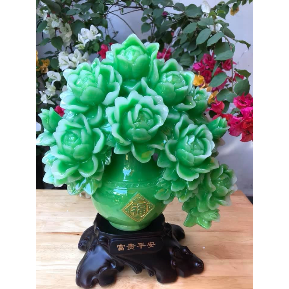 Bình Hoa Mẫu Đơn đẹp lắm xanh lộc lá size cao 38cm x ngang 30cm x sâu 12cm Biểu Tượng Sự Giàu Sang Phú Quý Hợp ACE mệnh Mộc Hoả trưng bàn rất đẹp
