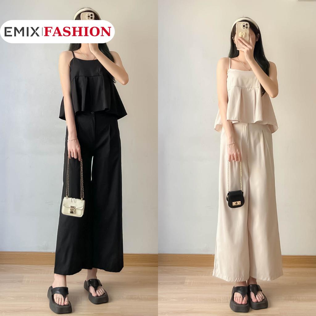 Set áo 2 dây và quần suông dài chất 2 da EMIX, bộ đi chơi, freesize dưới 55kg, cạp cao chun có co giãn, chất 2 da 566