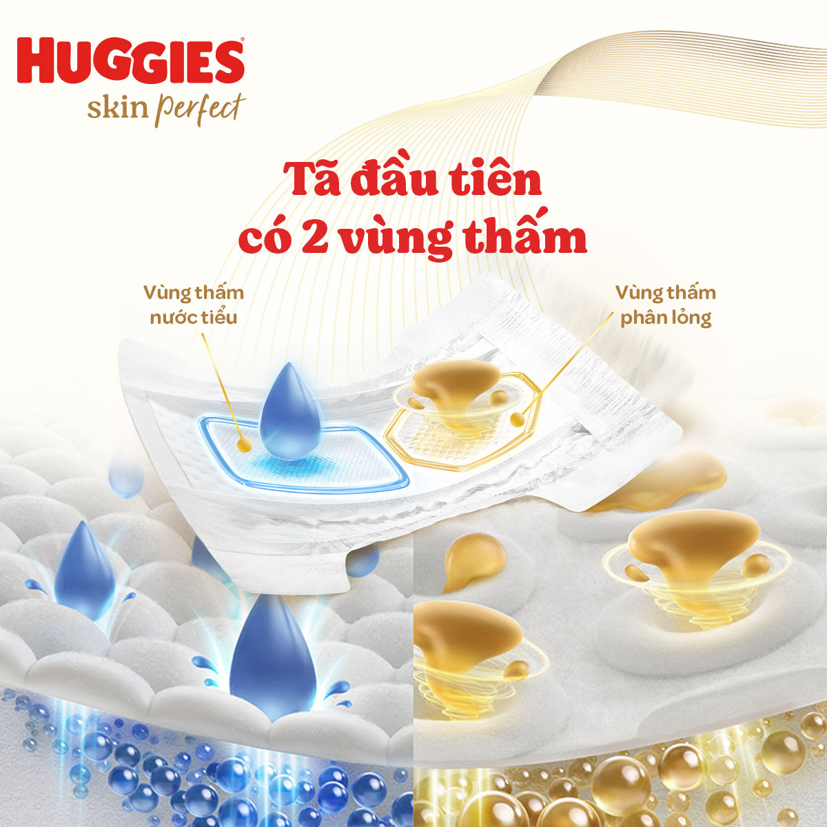 Tã/bỉm dán sơ sinh Huggies Skin Perfect M 46+3 miếng với 2 vùng thấm giảm kích ứng da