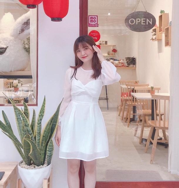 Đầm Trắng Nơ Ngực Tay Dài