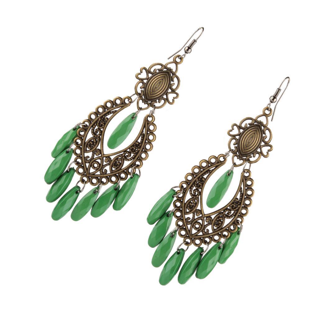 Women Behomia Hollow Flower Alloy Hook Style Earringd Ethnic Odd Beads Dangle Long Tassel Fringe Earrings