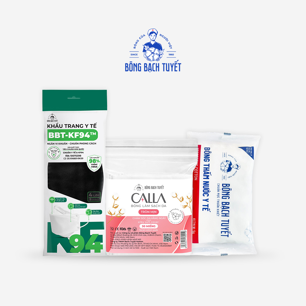 Combo 3 món: Bông y tế 5gr + Calla tròn mịn 30 miếng + KF94 Đen