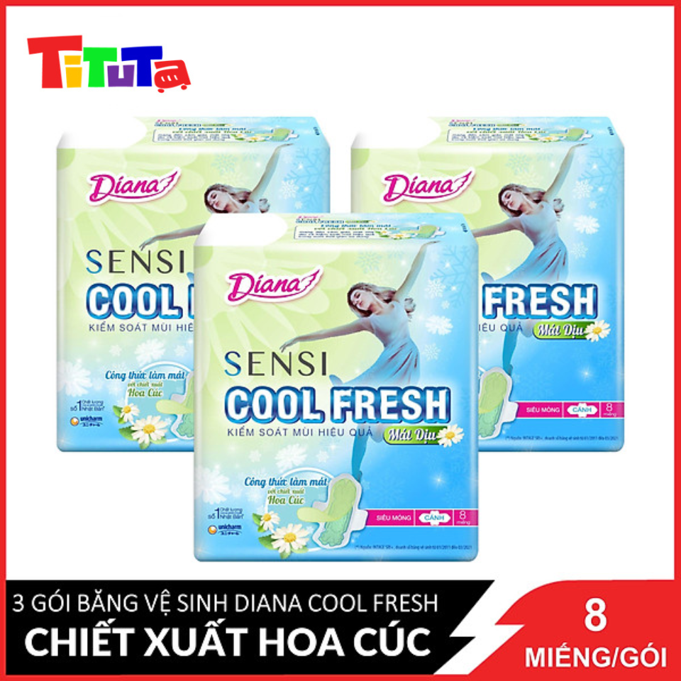 Combo 3 Gói Băng vệ sinh Diana Sensi Cool Fresh Chiết Xuất Hoa Cúc mát dịu Siêu Mỏng Có Cánh 8 Miếng / Gói