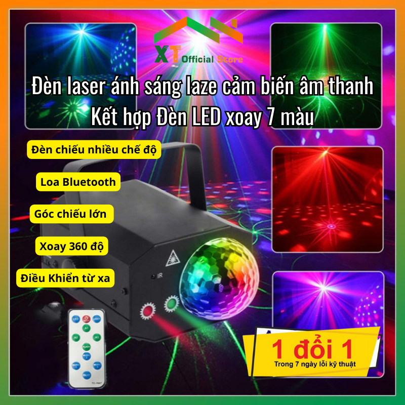 Đèn laser ánh sáng laze cảm biến âm thanh - Kết hợp Đèn LED xoay 7 màu dùng trang trí vũ trường, phòng karaoke