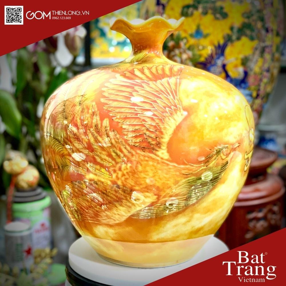 Bình Hút Tài Lộc Miệng Lượn Vẽ Vàng 3D Long Phụng Vờn Mây - Bình Hút Lộc Bát Tràng - Gốm Thiên Long