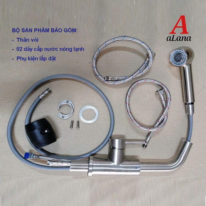 Vòi rửa chén bát nóng lạnh dây rút cắm chậu OS621 inox 304 nguyên khối cao cấp -tặng kèm 02 dây cấp nóng lạnh Inox dài
