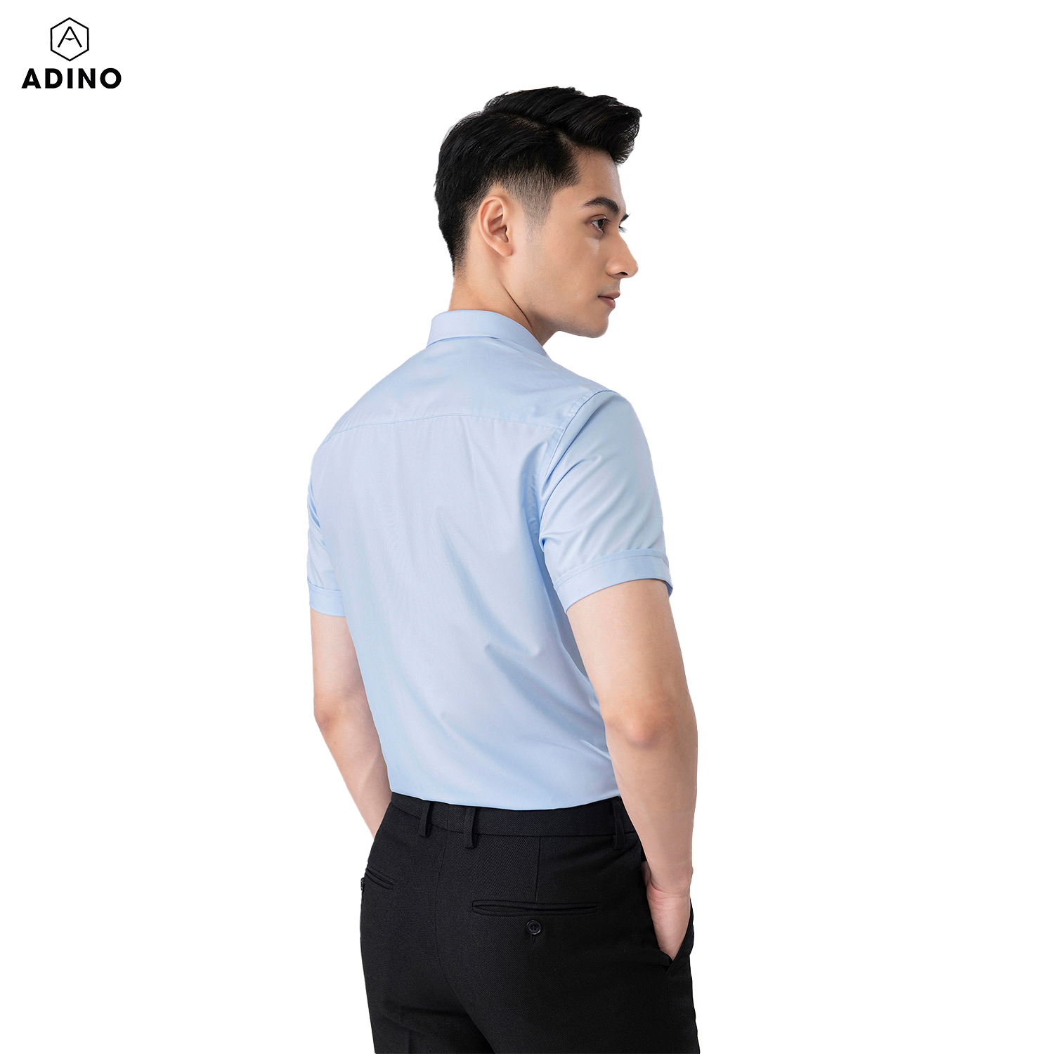 Hình ảnh Áo sơ mi ngắn tay nam màu xanh nhạt ADINO vải nến lụa sợi sồi modal dáng công sở slimfit hơi ôm trẻ trung CT04