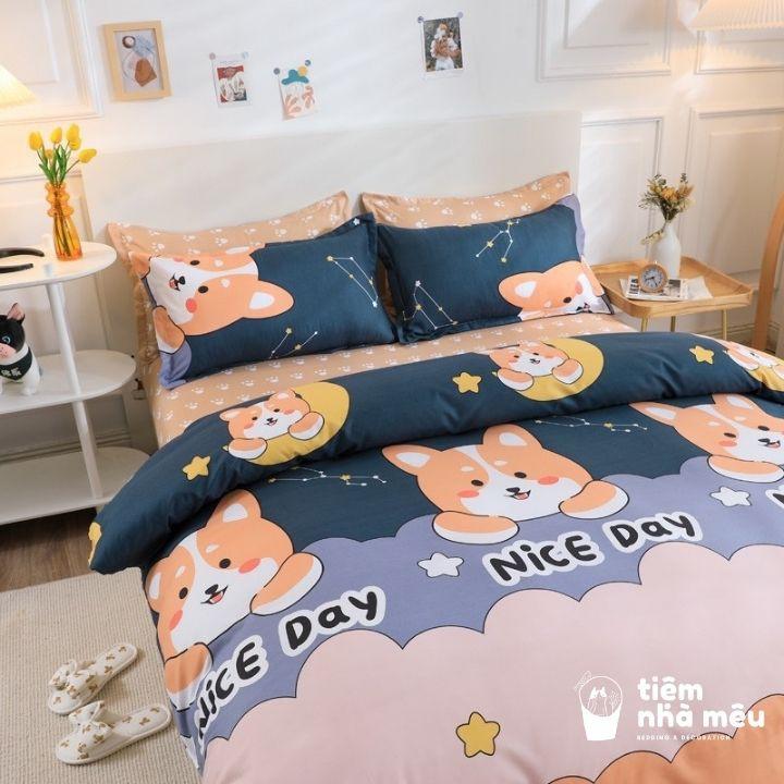 Bộ Chăn Ga Gối Cotton 80% m6/m8/2m - Full size Tiệm Nhà Mêu 2 Vỏ gối ,drap , vỏ chăn Cotton Chó Chiba Nhập Khẩu Sale