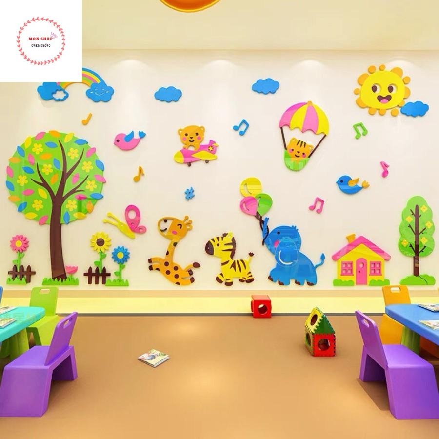 Decal dán tường mica 3D cây sắc màu và thế giới động vật, tranh các con vật dễ thương trang trí phòng bé yêu