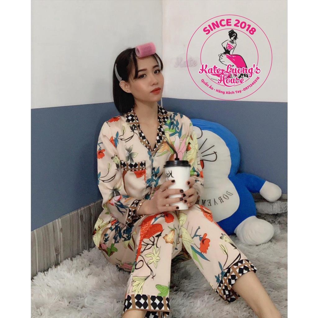 3.14. KLHSTORE2018 Bộ ngủ Pijama satin có 2 túi hoạ tiết hoa hồng NUDE chạy viền cổ sọc