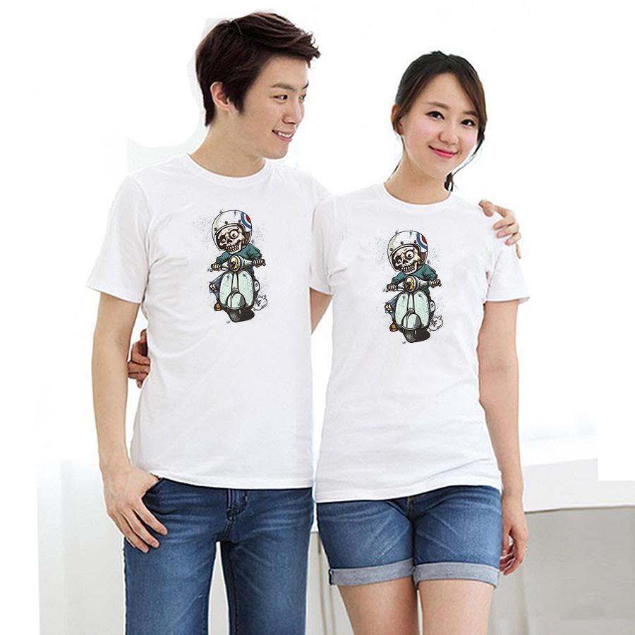 Áo thun cặp đôi in hình đầu lâu chạy xe máy form rộng phong cách hàn quốc