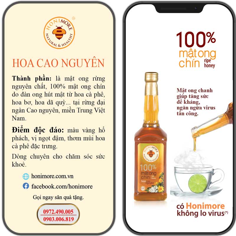 Mật ong rừng nguyên chất Honimore hoa Yên Bạch 500g + Tặng mật ong Cao Nguyên 500g: tăng cường sức đề kháng.