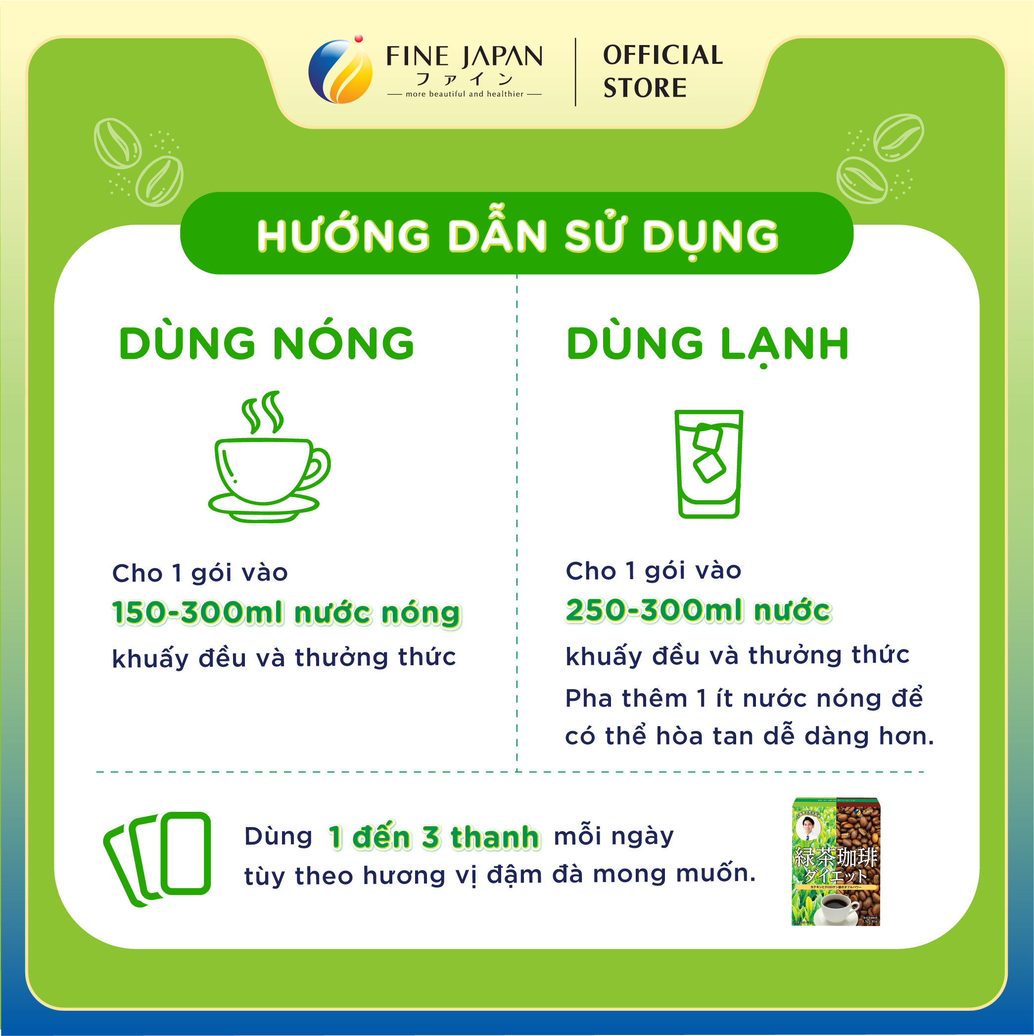 Trà cà phê Green tea & Diet coffee FINE JAPAN đẩy nhanh quá trình đốt cháy mỡ thừa & hỗ trợ giảm cân 45g