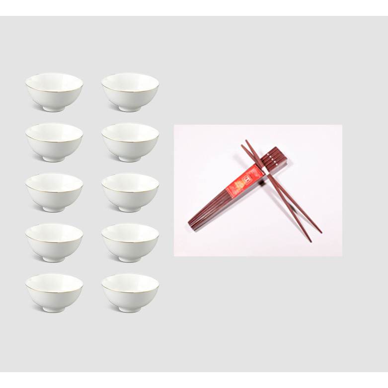 BỘ 10 BÁT CƠM BÁT SỨ CAO CẤP VÀ 10 ĐÔI ĐŨA ĐẸP ĐŨA SẠCH GỖ CẨM CHẤM BẠC