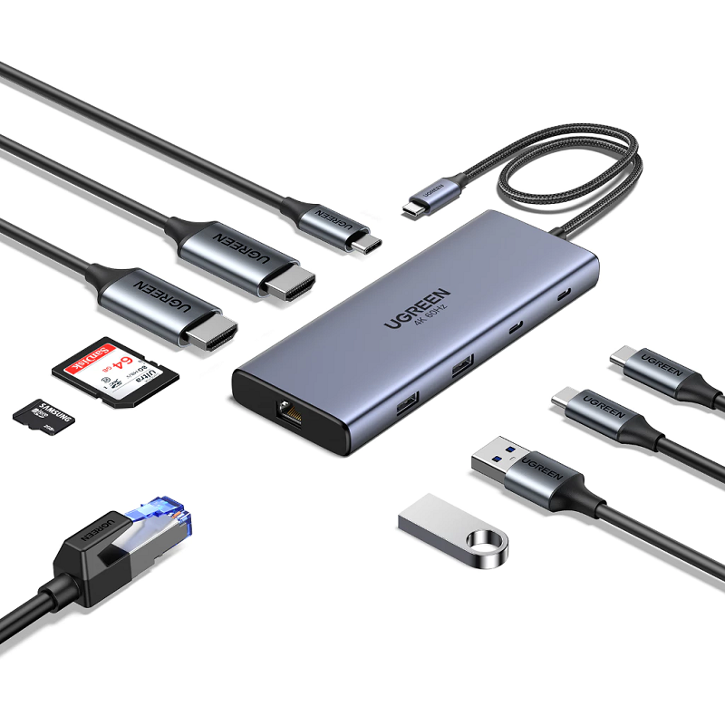 Hub USB-C 10 in 1 Ugreen 45380 CM639, 2x HDMI, 2x USB A, 2x USB C, 1 PD 100w, Đầu đọc thẻ SD/TF Hàng chính hãng