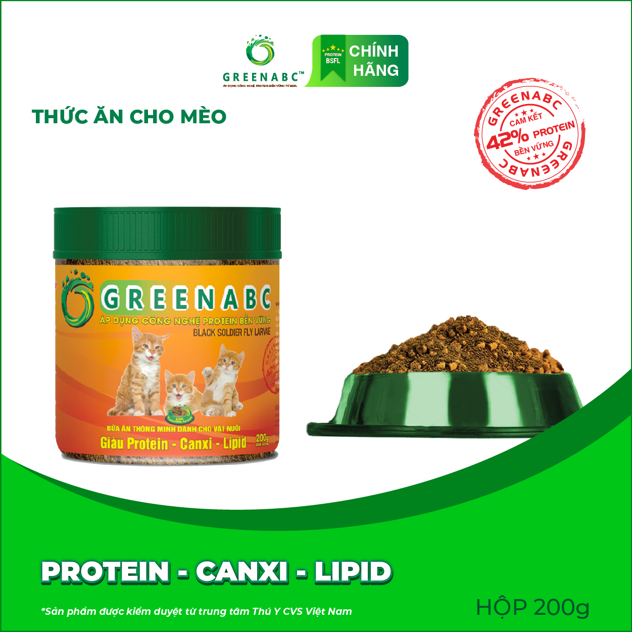 Thức ăn cho Mèo GREENABC - Bột bổ sung đủ dinh dưỡng protein 44.9%, canxi 1.33%, lipid 20.1% giúp tiêu hóa tốt, tăng đề kháng, lông mượt - Hộp 200g