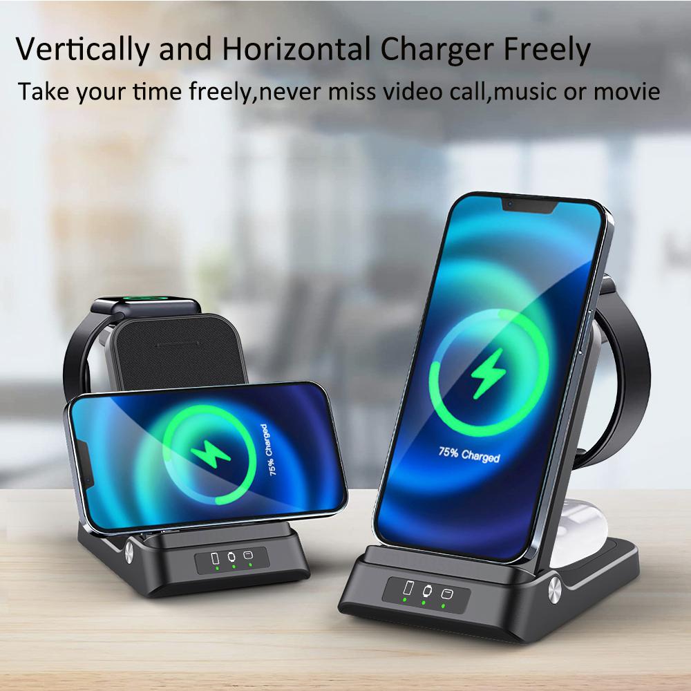 Bộ sạc không dây 3 trong 1 cho iPhone 14 13 12 Pro Max 15W Trạm sạc nhanh cho Apple Watch Series 8 7 Bộ sạc có thể gập lại