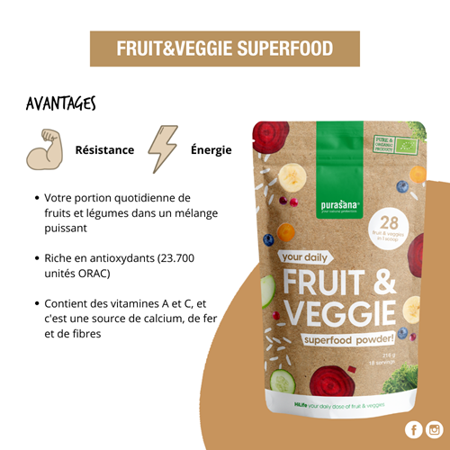 Bột sinh tố Fruit &amp; Veggie superfoods hữu cơ Purasana 216g