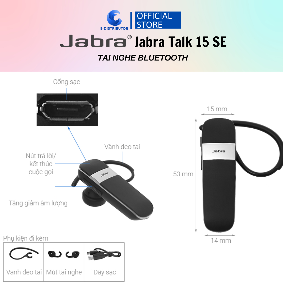 Tai nghe Bluetooth Jabra Talk 15 Xám Đen - Hàng Chính Hãng - Bảo Hành 12 Tháng