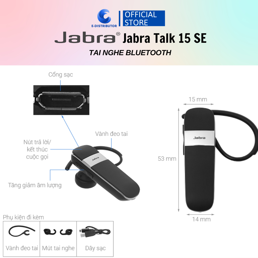 Tai nghe Bluetooth Jabra Talk 15 Đen - Hàng Chính Hãng - Bảo Hành 12 Tháng