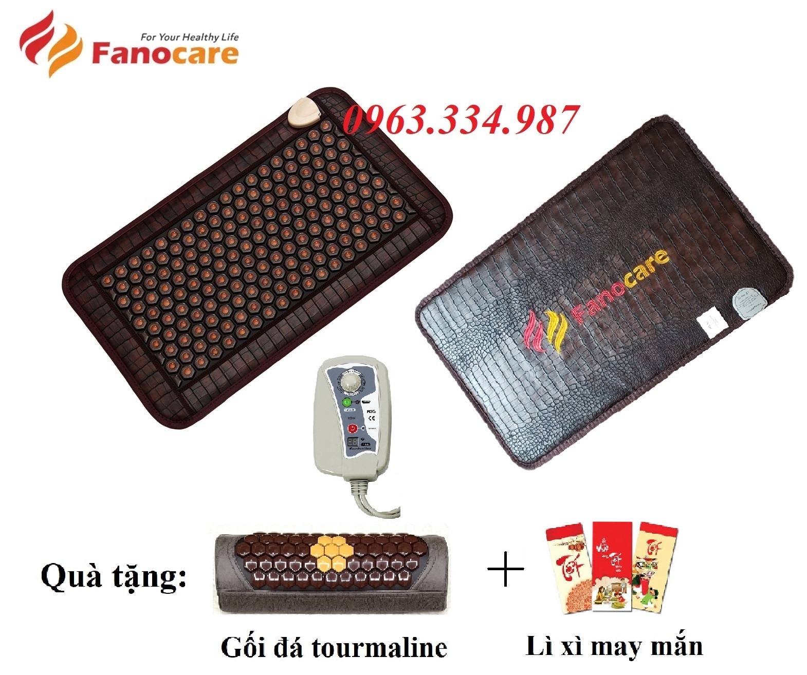 Thảm/Nệm đá nhiệt nóng Fanocare KT 50x80cm đá mắt ngọc (Tặng kèm 1 gối đá tourmaline)