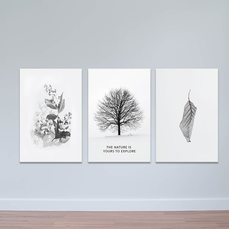 Bộ 3 tranh trang trí hiện đại &quot;Cây lá tinh tế&quot; | Tranh treo tường hoa lá W3393 Canvas có viền