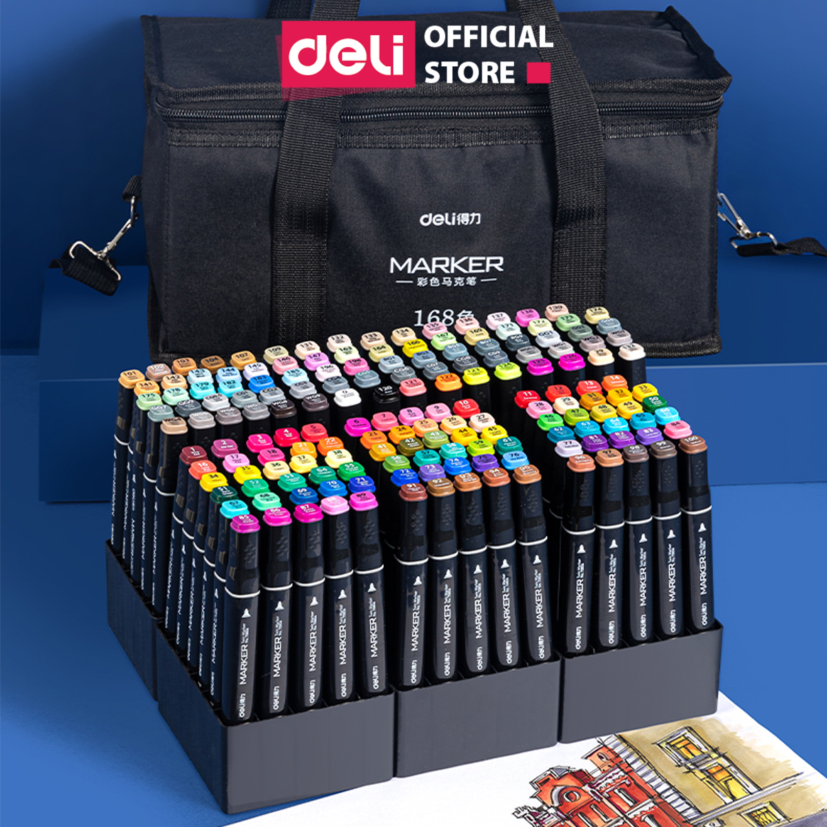 Bút Màu Marker Chuyên Nghiệp Deli - Kèm Túi Vải - 30406080 Màu - 70806 - 168 Màu - Túi Vải