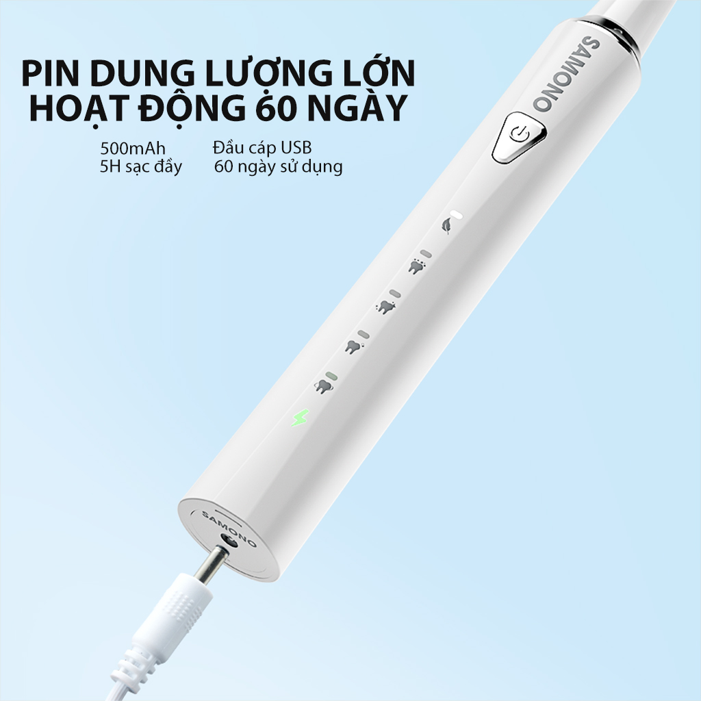 Bàn chải điện Samono Tần số rung 30000 lần/ phút 5 chế độ đánh răng chống nước IPX7 dung lượng pin lớn SW-ET01 HÀNG CHÍNH HÃNG