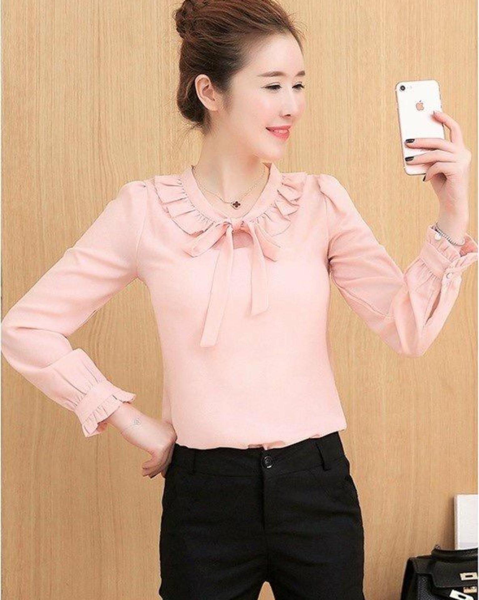 Áo công sở tay dài cổ xếp bèo cột nơ xanh