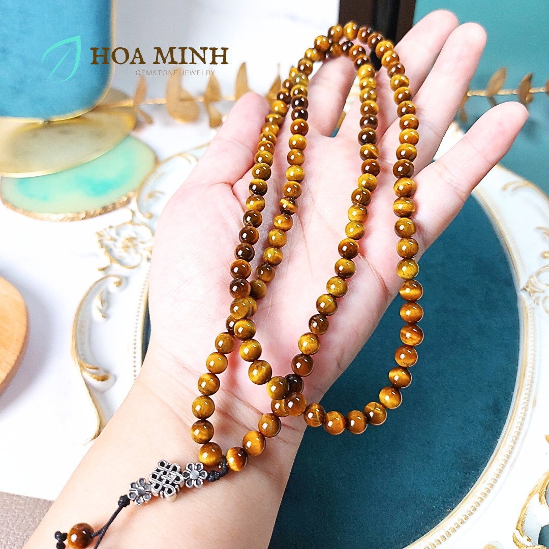 Vòng tay đá Mắt Hổ vàng nâu VIP 5A tự nhiên chuỗi 108 hạt size 6 li phối charm cát tường hoa mai bình an, lộc phát