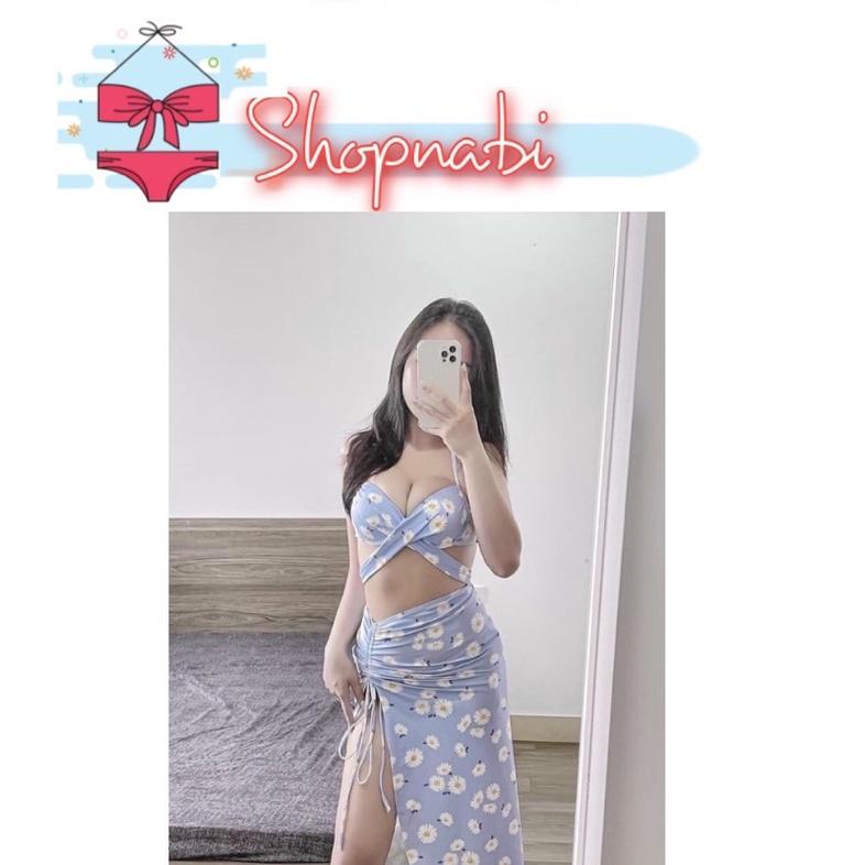 Đồ bơi bikini kèm váy rút xẻ dài hoa cúc siêu xinh