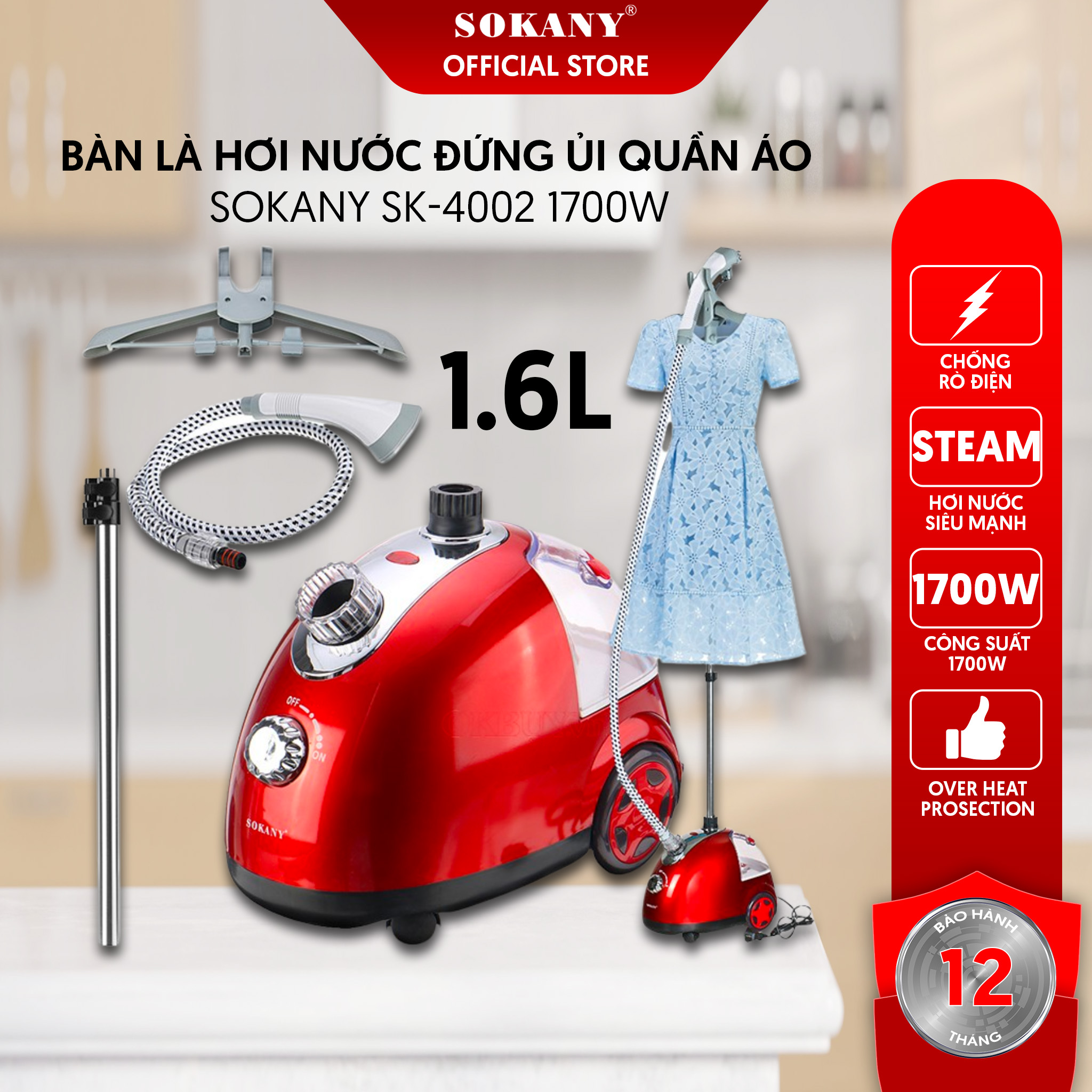 Bàn Là Hơi Nước Đứng Ủi Quần Áo SOKANY SK-4002 1700W 1.6L Bảo Hành 12 Tháng - Hàng chính hãng