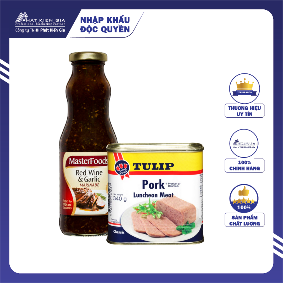 COMBO 1 Hộp Thịt Heo Hộp Tulip 340g + 1 Chai Nước Xốt Ướp Rượu Vang Đỏ & Tỏi MasterFoods 375g