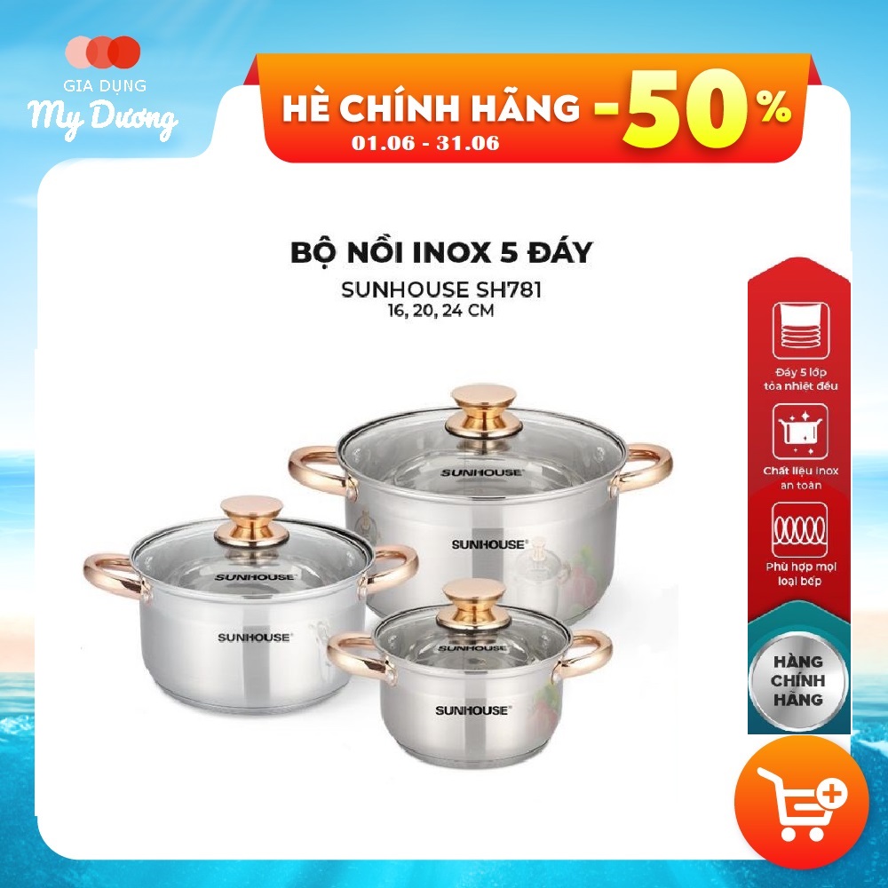 Bộ nồi inox 5 đáy Sunhouse SH781 16-20-24cm