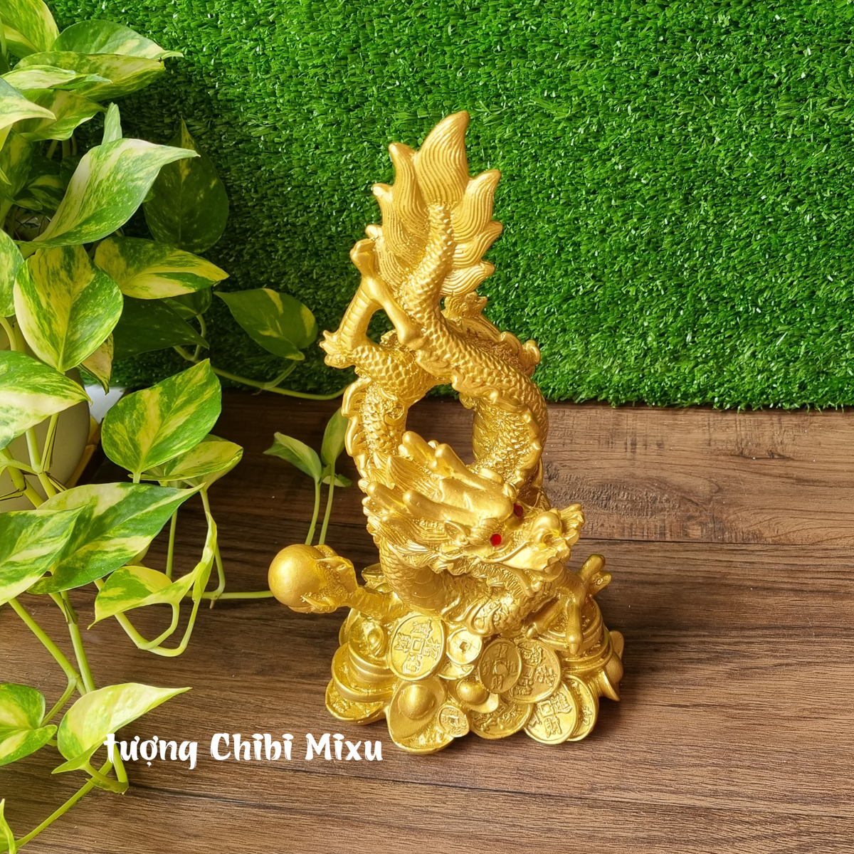 Tượng Rồng cuộn sơn nhũ ngang 14cm x cao 27cm