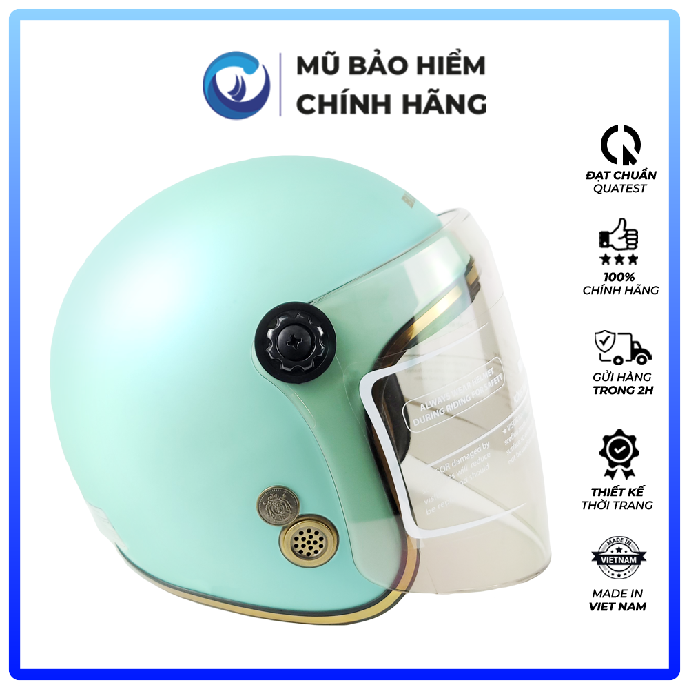 Mũ Bảo Hiểm 3/4 Blue Sea - Màu Xanh Ngọc - Sơn Bóng Có Kính Chắn Gió Cao Cấp