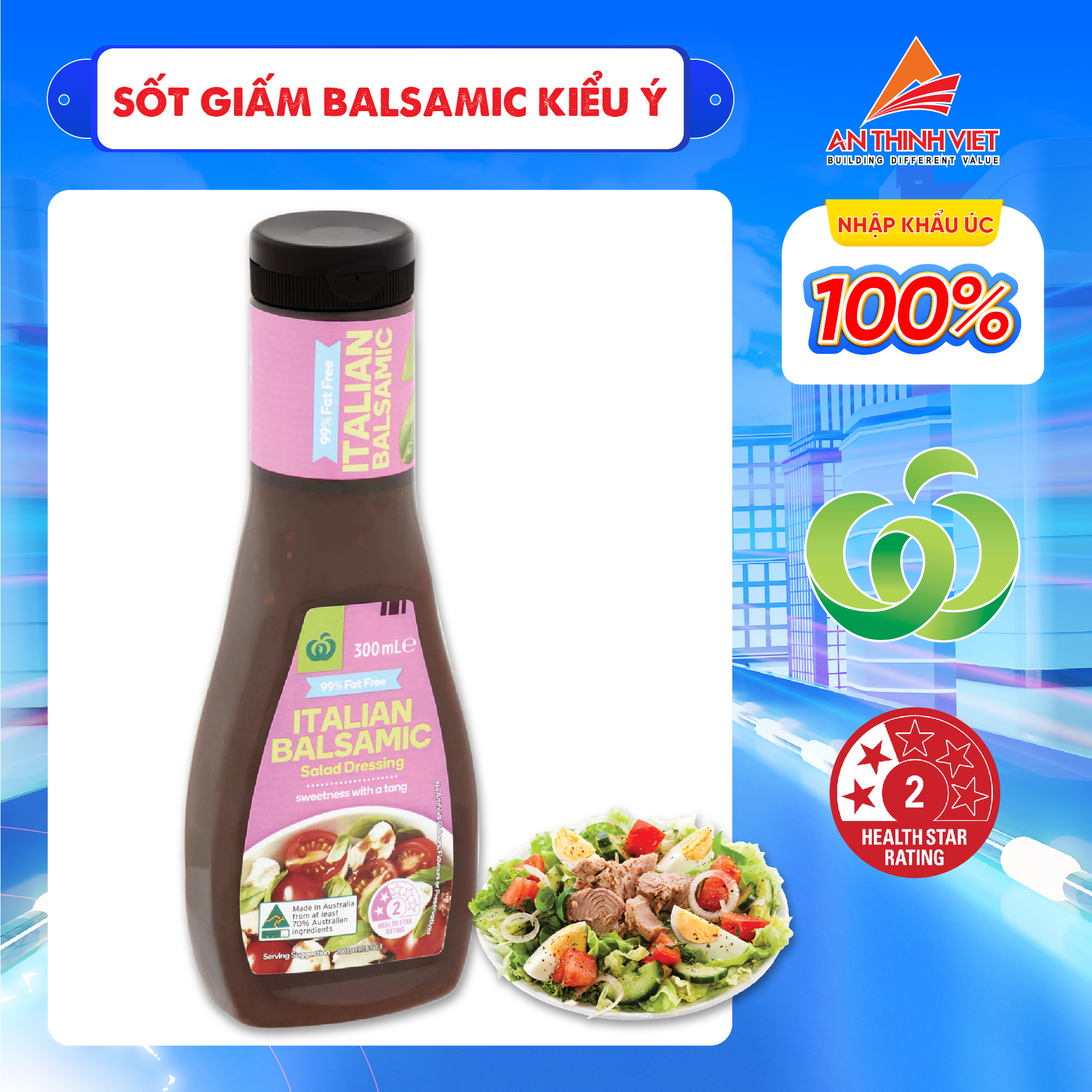 Sốt Giấm Balsamic Kiểu Ý - Woolworths Italian Balsamic Salad Dressing 99% Fat Free 300ml