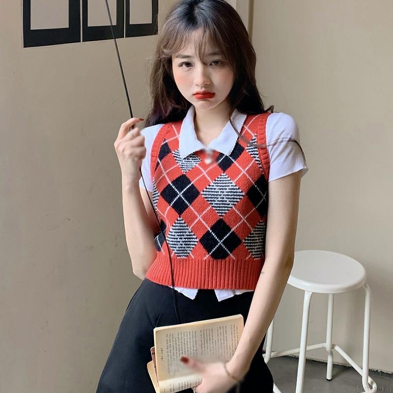 Áo Tank Top Dệt Kim Cổ Chữ V Kẻ Sọc Màu Tương Phản Cá Tính Cho Nữ