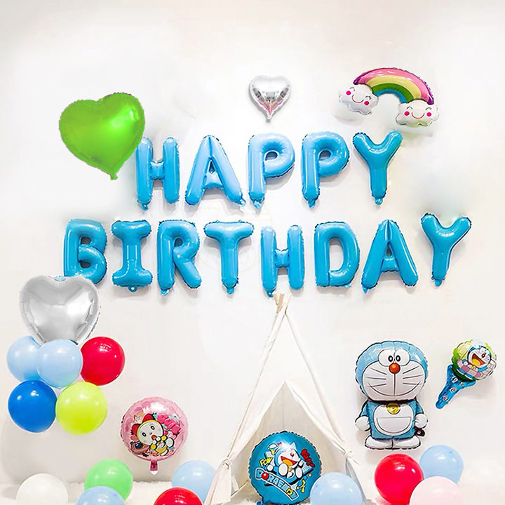 Bộ trang trí sinh nhật happy birthday doraemon - Sét bong bóng trang trí tiệc thôi nôi, đầy tháng cho trẻ