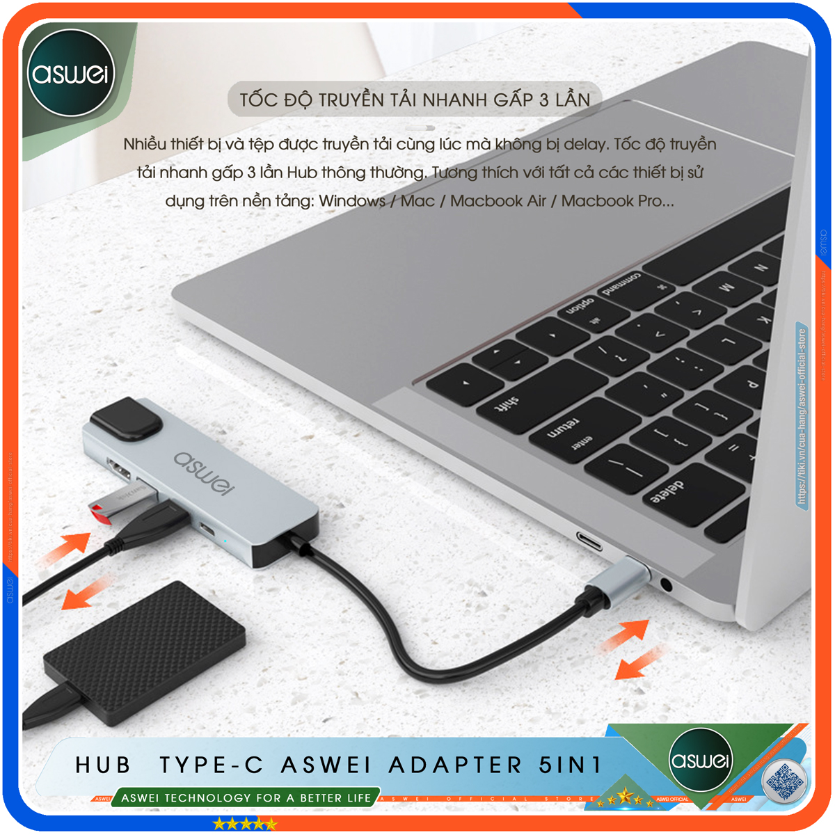 Hub Type C ASWEI 5 in 1 To HDMI, USB 3.0, Lan RJ45, PD 100W - Cổng Chia USB, Ổ Chia USB Tốc Độ Cao - Hub Chuyển Đổi USB Type C 5 Cổng - Hàng Chính Hãng
