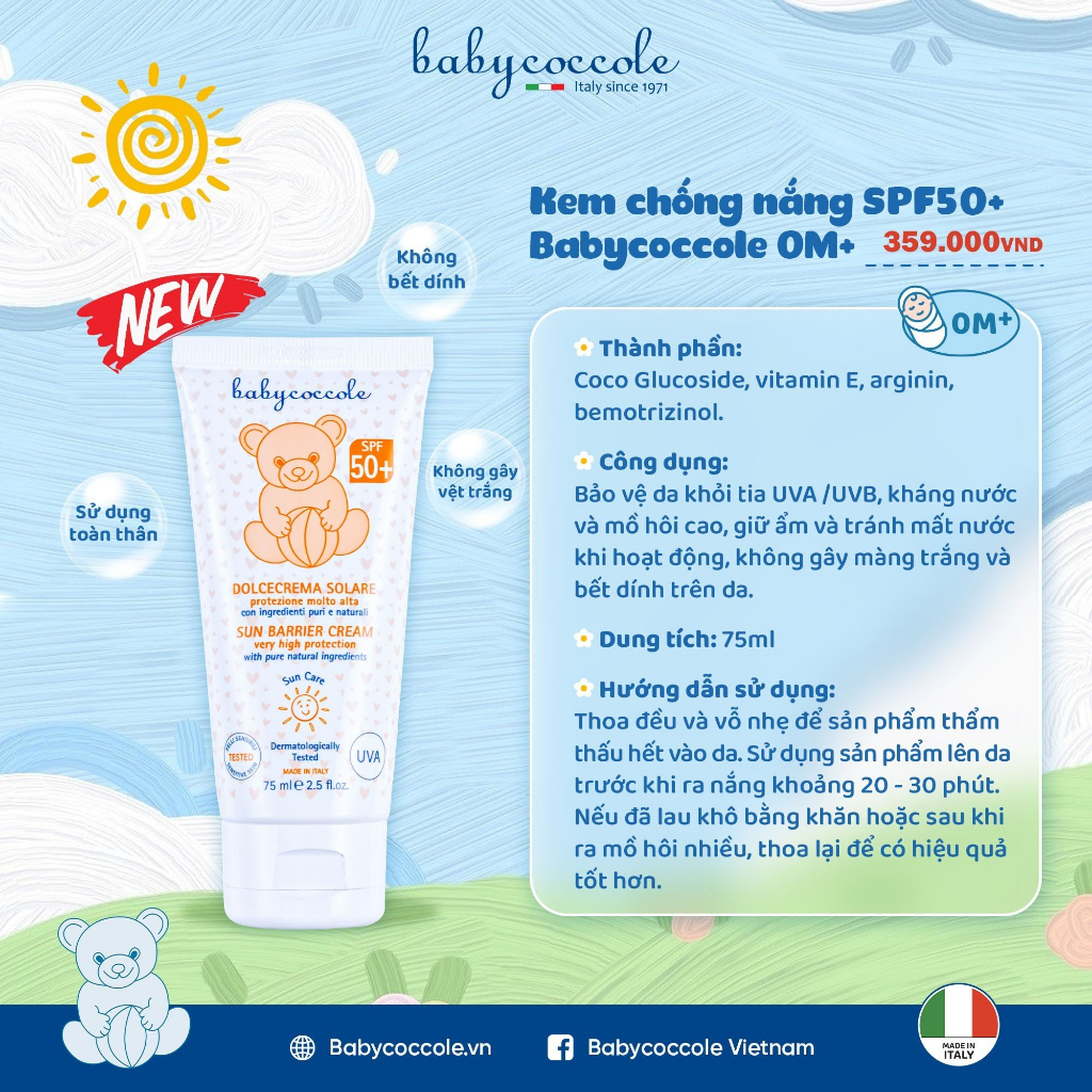 Kem chống nắng cho bé Babycoccole 0M+ an toàn cho trẻ sơ sinh &amp; em bé da nhạy cảm SPF 50+ 30ml/75ml