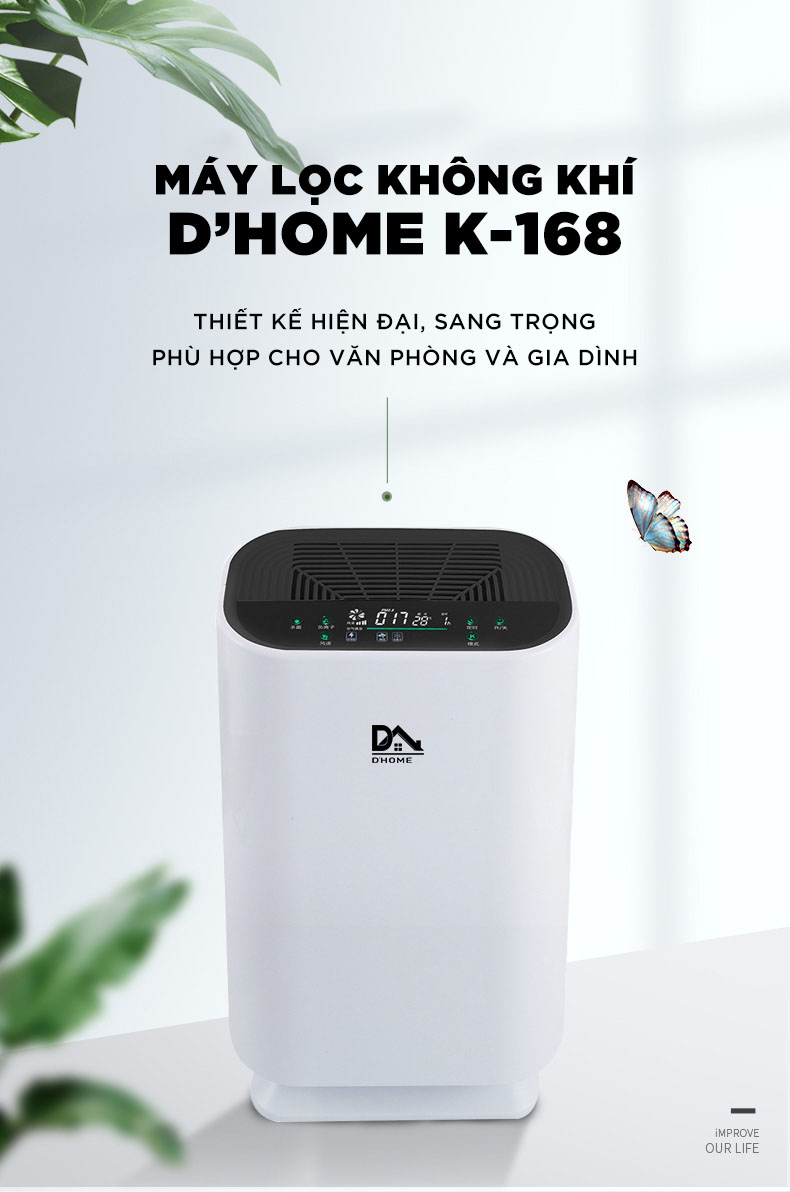 Máy Lọc Không Khí Dhome K-168 - Lọc Khói Bụi Và Vi Khuẩn, Bụi Mịn PM2.5 - Màn Hình Cảm Ứng -  Sử Dụng Cho Phòng (15-50m2) - Hàng Chính Hãng