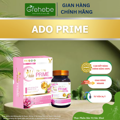 Ado Prime bổ sung isoflavon, collagen, vitamin E và một số chiết xuất thảo mộc, hỗ trợ làm đẹp da, hỗ trợ làm giảm các triệu chứng: bốc hỏa, đổ mồ hôi, khô da, sạm da, giảm sinh lý. 