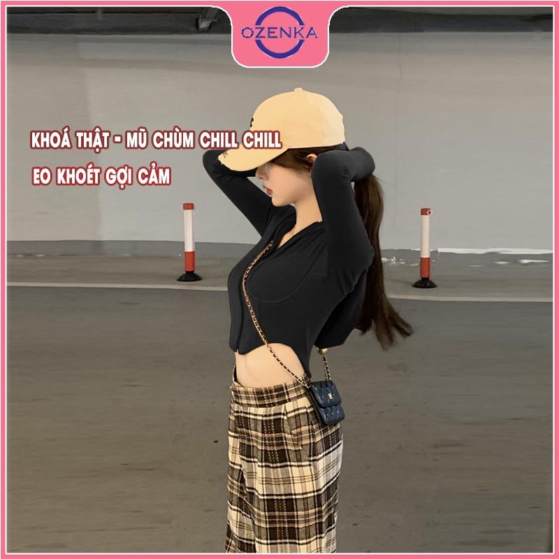 Áo cardigan croptop tay dài có mũ ôm nữ, áo khoác ngoài kéo khoá đen trắng thun gân cao cấp 100% cotton đẹp