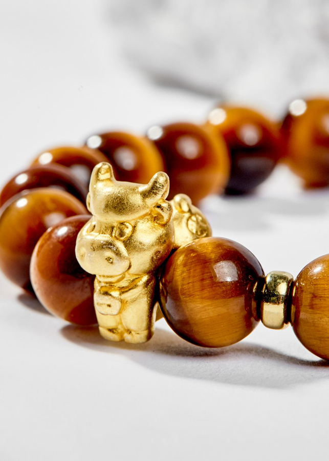 Vòng Tay Phong Thủy Đá Mắt Hổ Vàng Nâu Phối Charm Tuổi Sửu Bạc Mạ Vàng 24K Mệnh Thổ, Kim Ngọc Quý Gemstones