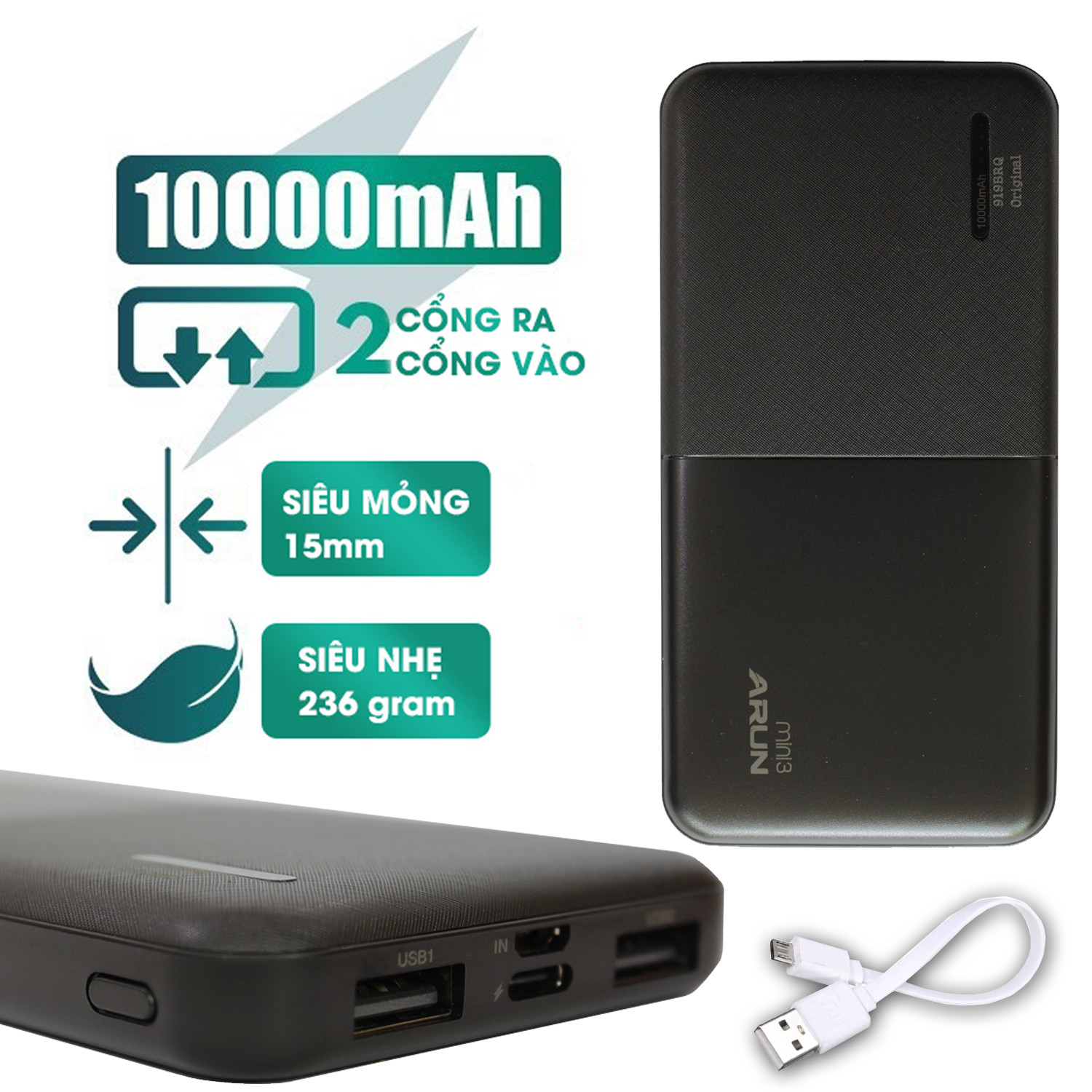 Pin Sạc Dự Phòng Arun Mini 3 - Dung Lượng Chuẩn 10.000 mAh - Hàng Nhập Khẩu