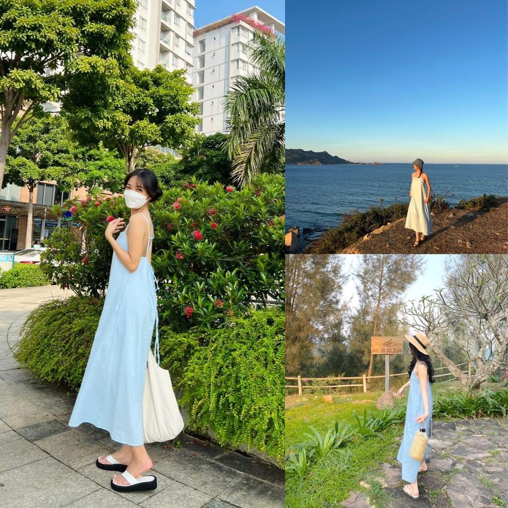 Đầm 2 dây maxi đi biển, Đầm yếm form rộng dáng suông Cao Cấp màu xanh dương dài hở lưng cột nơ sau - MiNhi