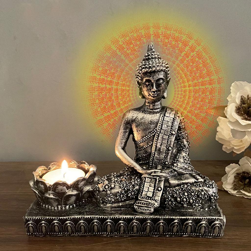 Resin Meditating Buddha Statue Tealight Candle Holder Decor