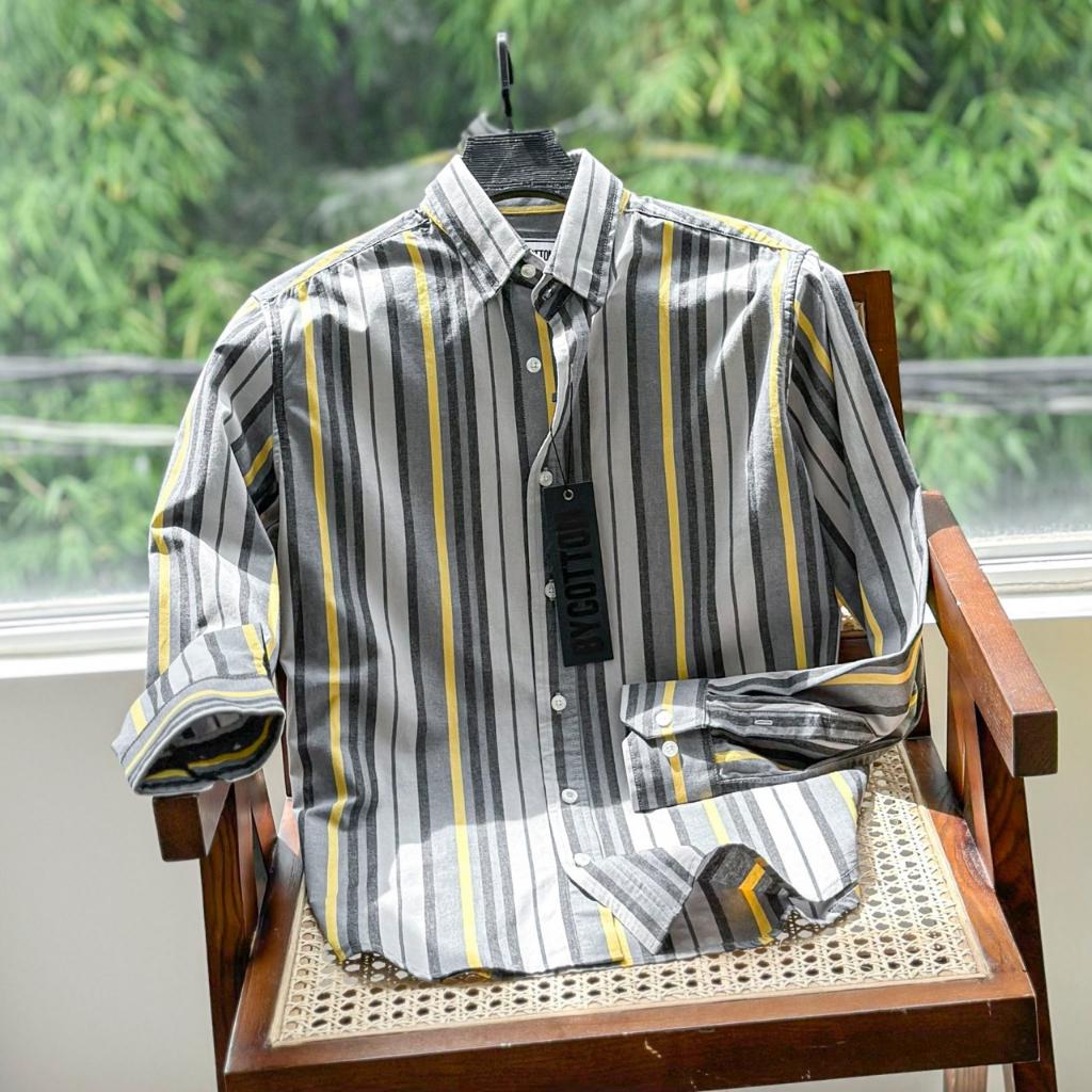 Áo Sơ Mi Nam Dài Tay Phối Sọc BY COTTON Dark Grey Yellow Stripes Shirt