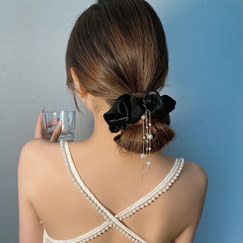 Dây buộc tóc tiểu thư phong cách Hàn Quốc cột tóc vải scrunchies mix ngọc trai ấn tượng